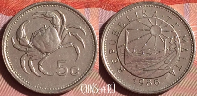 Мальта 5 центов 1986 года, KM# 77, 336i-021