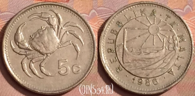 Мальта 5 центов 1986 года, KM# 77, 356k-124