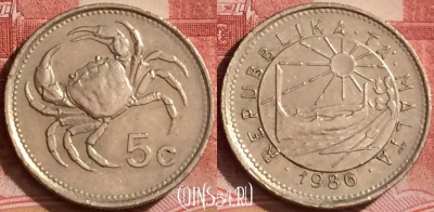 Мальта 5 центов 1986 года, KM# 77, 380k-009