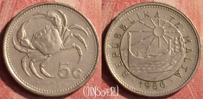 Мальта 5 центов 1986 года, KM# 77, 404n-092