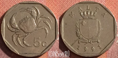 Мальта 5 центов 1991 года, KM# 95, 044h-075