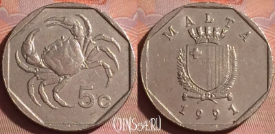 Мальта 5 центов 1991 года, KM# 95, 051i-115
