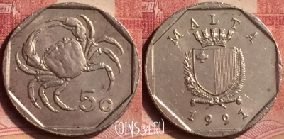 Мальта 5 центов 1991 года, KM# 95, 097m-080