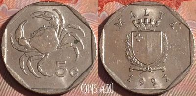 Мальта 5 центов 1991 года, KM# 95, 124b-026