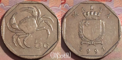 Мальта 5 центов 1991 года, KM# 95, 144b-132