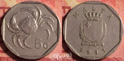 Мальта 5 центов 1991 года, KM# 95, 165j-017