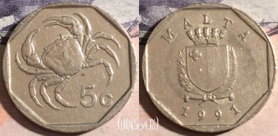 Мальта 5 центов 1991 года, KM# 95, 174-143