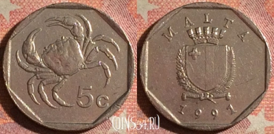 Мальта 5 центов 1991 года, KM# 95, 192i-114