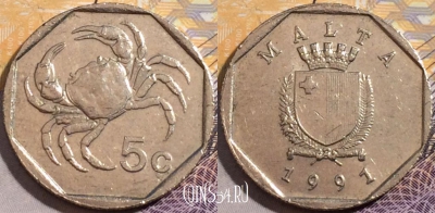 Мальта 5 центов 1991 года, KM# 95, 195-032