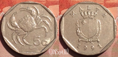 Мальта 5 центов 1991 года, KM# 95, 274a-110