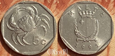 Мальта 5 центов 1991 года, KM# 95, 354q-117