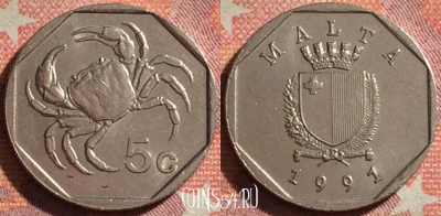 Мальта 5 центов 1991 года, KM# 95, 374-069