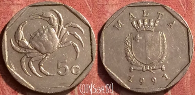 Мальта 5 центов 1991 года, KM# 95, 409-141