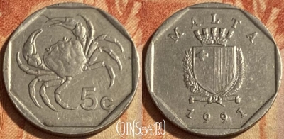 Мальта 5 центов 1991 года, KM# 95, 463q-652