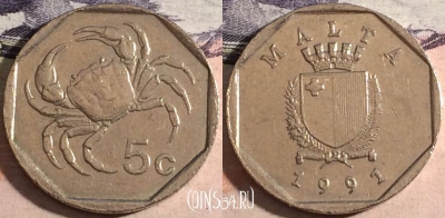 Мальта 5 центов 1991 года, KM# 95, a066-026