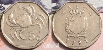 Мальта 5 центов 1991 года, KM# 95, a082-071