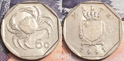 Мальта 5 центов 1991 года, KM# 95, a107-130