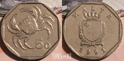 Мальта 5 центов 1991 года, KM# 95, a124-109