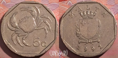 Мальта 5 центов 1991 года, KM# 95, a126-096