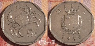 Мальта 5 центов 1995 года, KM# 95, 155a-123