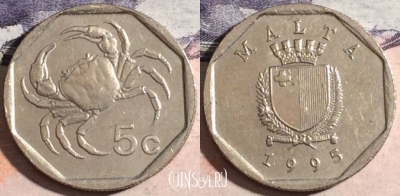 Мальта 5 центов 1995 года, KM# 95, 174-142