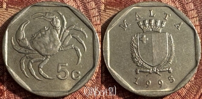 Мальта 5 центов 1995 года, KM# 95, 360s-131 ♛