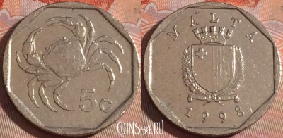 Мальта 5 центов 1998 года, KM# 95, 126b-065