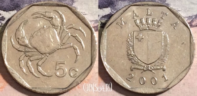 Мальта 5 центов 2001 года, KM# 95, 174-084
