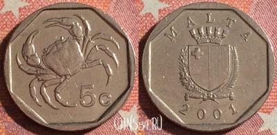 Мальта 5 центов 2001 года, KM# 95, 348-048