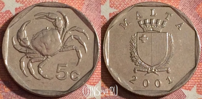 Мальта 5 центов 2001 года, KM# 95, 357-058