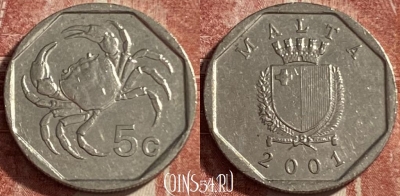 Мальта 5 центов 2001 года, KM# 95, 484р-123 ♛
