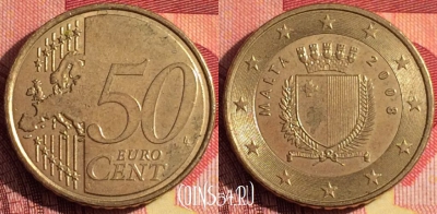 Мальта 50 евроцентов 2008 года, KM# 130, 259i-041