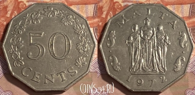 Мальта 50 центов 1972 года, KM# 12, 498р-038