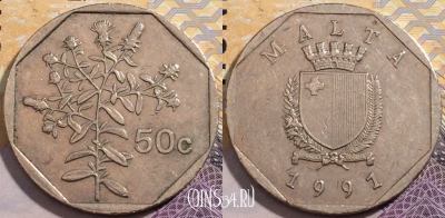 Мальта 50 центов 1991 года, KM# 98, 199-082
