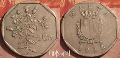Мальта 50 центов 1992 года, KM# 98, 374k-104