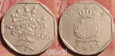 Мальта 50 центов 2001 года, KM# 98, 186l-041