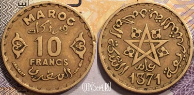 Марокко 10 франков 1952 года (1371), Y# 49, 138-122