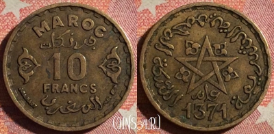 Марокко 10 франков 1952 года (1371), Y# 49, 370-028
