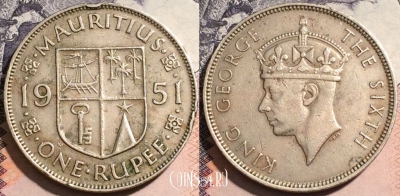 Маврикий 1 рупия 1951 года, KM# 29, 171-111
