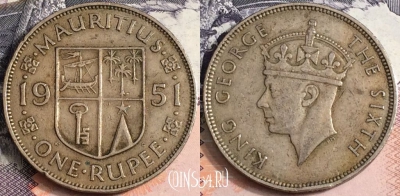 Маврикий 1 рупия 1951 года, KM# 29, a085-128