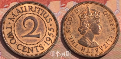 Маврикий 2 цента 1955 года, редкая, KM# 32, 114c-119