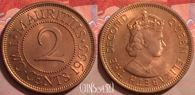 Маврикий 2 цента 1955 года, редкая, KM# 32, UNC, 120j-087