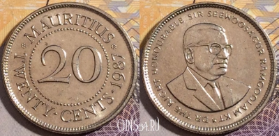 Маврикий 20 центов 1987 года, KM# 53, 195-105