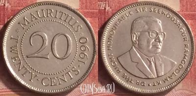 Маврикий 20 центов 1990 года, KM# 53, 187m-112