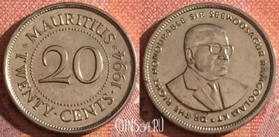 Маврикий 20 центов 1994 года, KM# 53, 044h-175