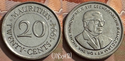 Маврикий 20 центов 1994 года, KM# 53, 260s-028