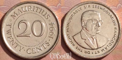 Маврикий 20 центов 1994 года, KM# 53, 359k-133