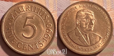 Маврикий 5 центов 1990 года, KM# 52, 212p-059