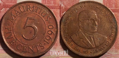 Маврикий 5 центов 1990 года, KM# 52, 214-088