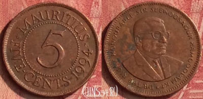 Маврикий 5 центов 1994 года, KM# 52, 350n-025